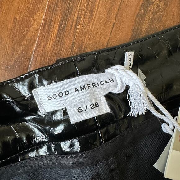 GOOD AMERICAN Faux Leather Pants Black Glossy Crackled HR Flare NWT - Picture 9 of 16